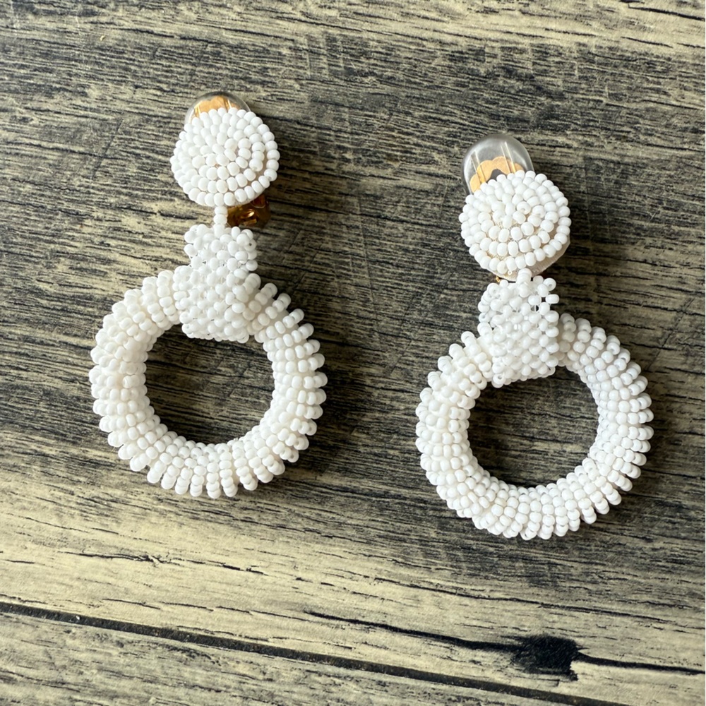 White Beaded Earrings Hanging Circles Clip-On